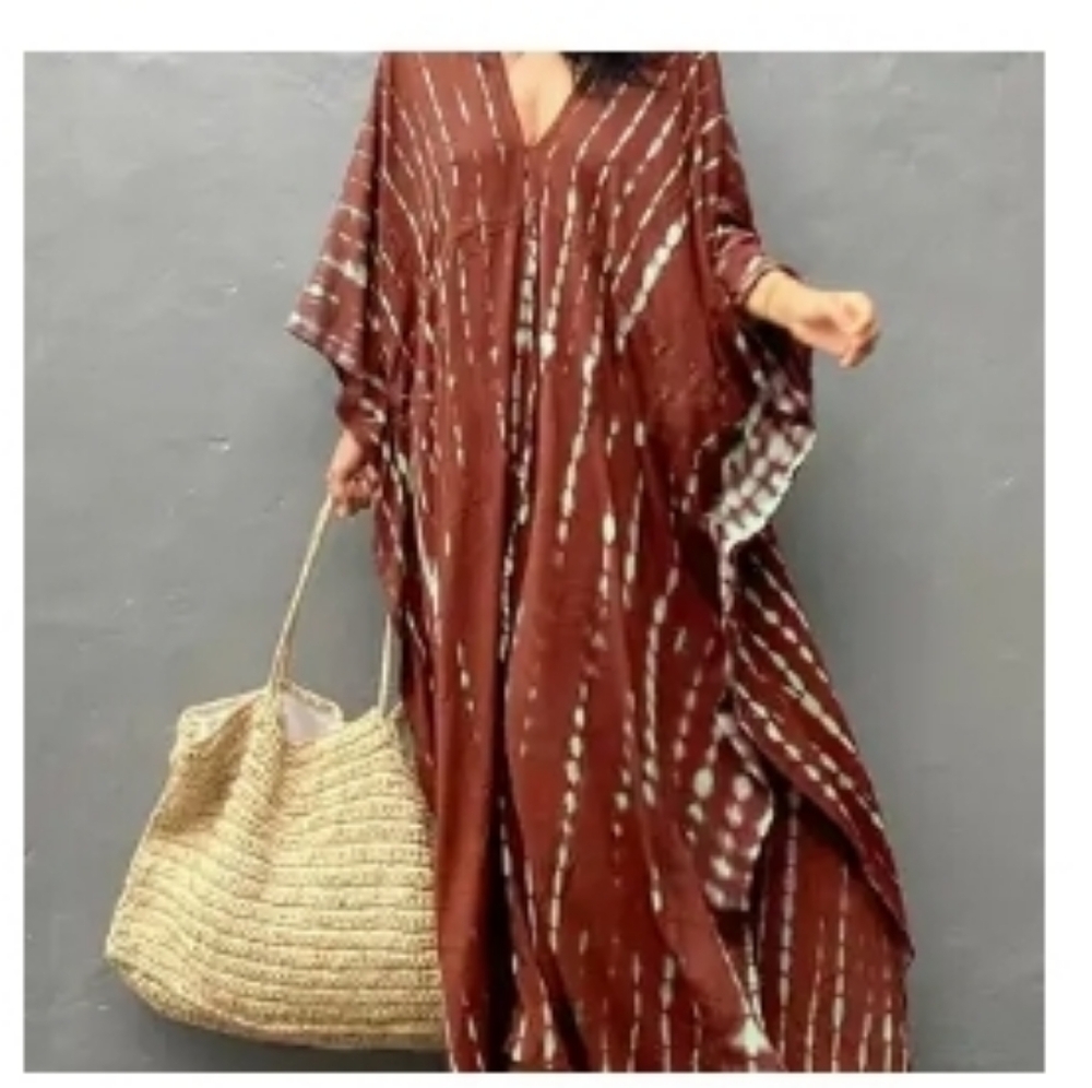 NWOT Oversized caftan maxi beach coverup, boho style drawstring waist v-neck